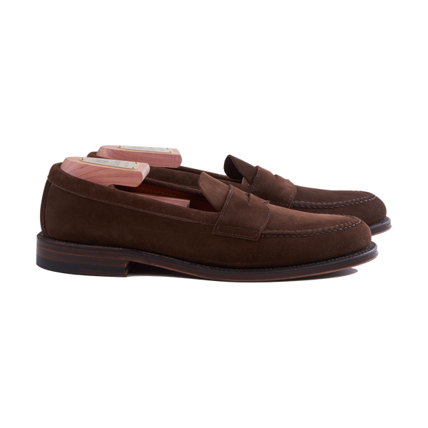 Alden Unlined Handsewn Penny Loafer in Dark Brown Suede with Flex Welt Leather Sole