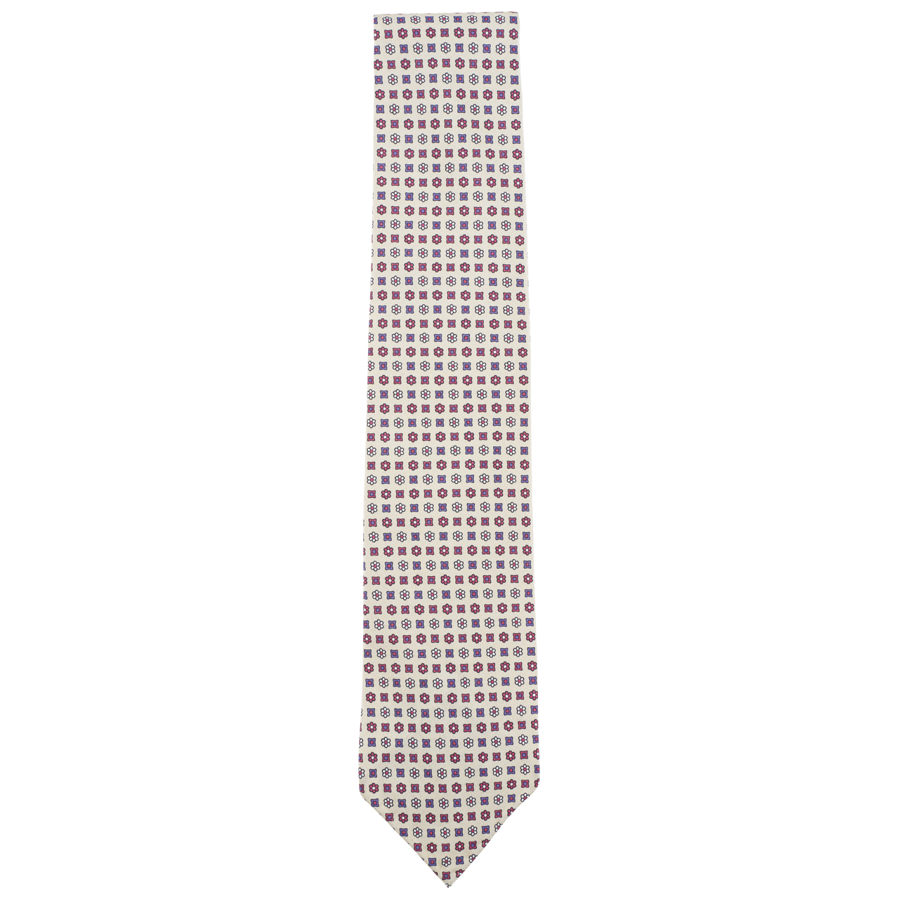 Drake's Tie in Printed Honan Silk with Floral and Square Motif and Hand-Rolled Tip
