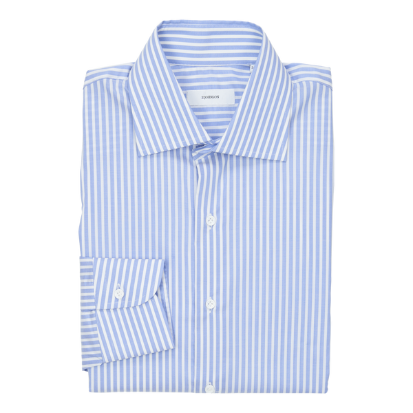 P. Johnson Shirt in Blue and White Bengal Stripe Cotton Twill with Spread Collar