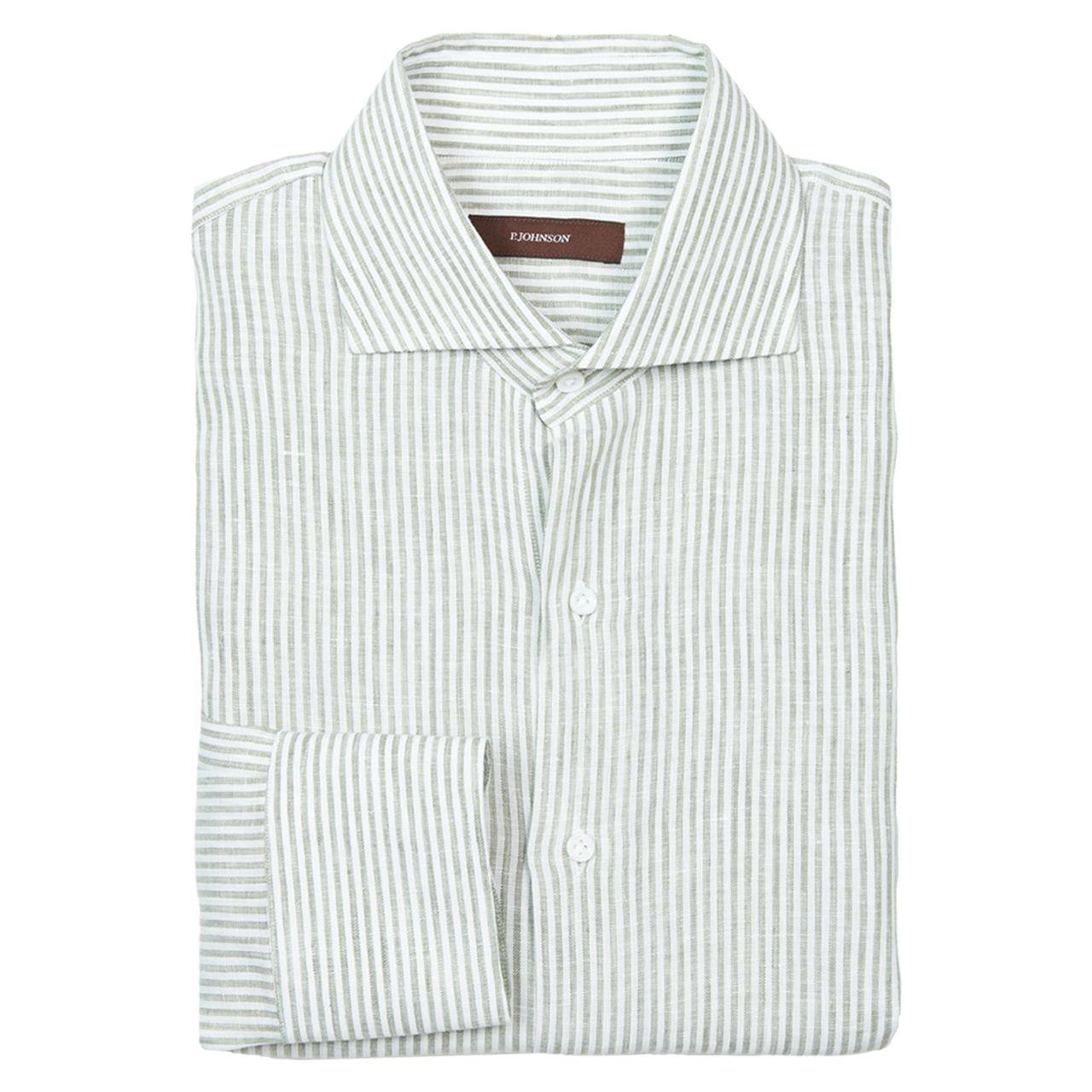 P. Johnson Shirt in Olive Green and White Stripe Linen with Cutaway Collar